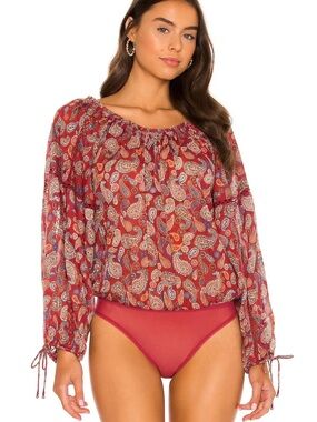 Intimately FREE PEOPLE Red Paisley Print Bodysuit Sheer Sleeve Blouse Small